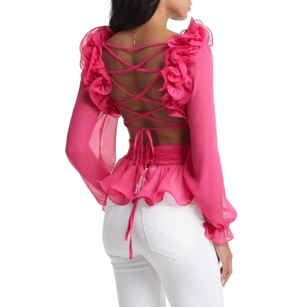 NEW VICI COLLECTION Cutout Chiffon Peplum Blouse Pink Size XS - Picture 3 of 11